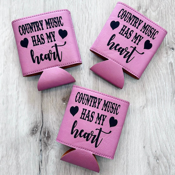 Country Music Has My Heart Pink Leatherette Engraved Koozie