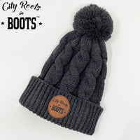 City Roots in Boots Twist Knit Pom Pom Leather Patch Beanie