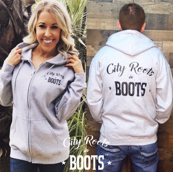City Roots in Boots Unisex Logo Light Gray Zip Up Hoodie