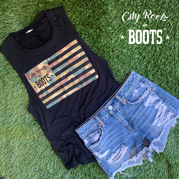 City Roots in Boots Women's Camo Flag Tank